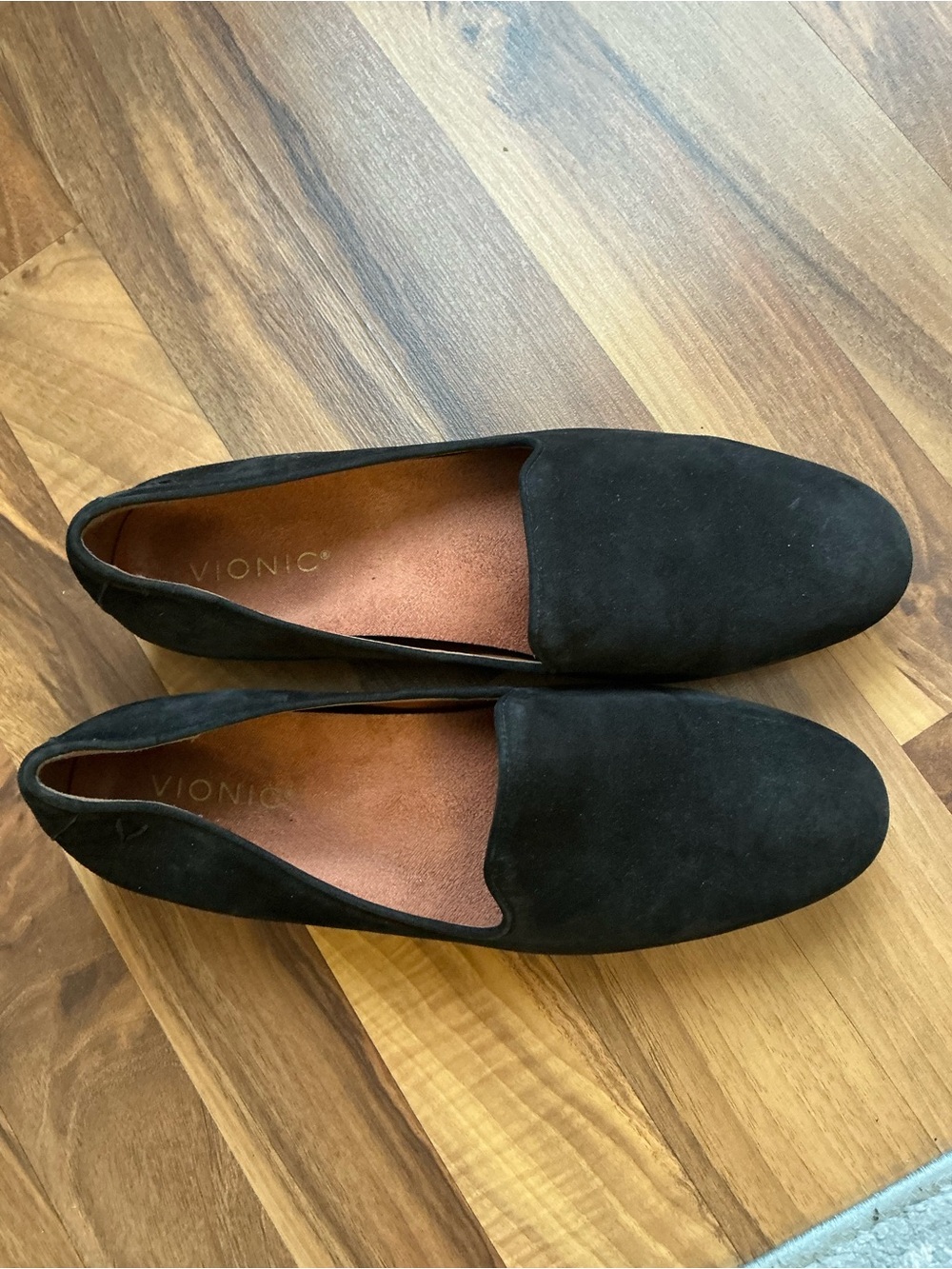Vionic women’s Black Suede Slip-On Loafers — Minimalist Design